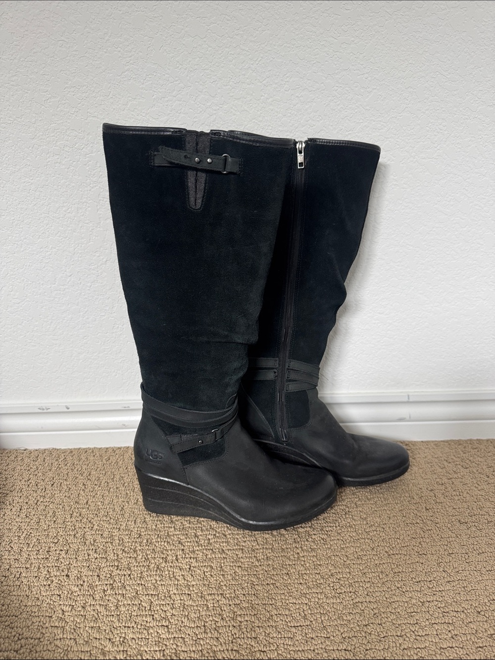 UGG Black Suede and Leather Wedge Knee Boots